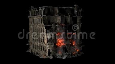燃烧的倒塌建筑。 房屋熔化的部分着火了，流到下面的楼层